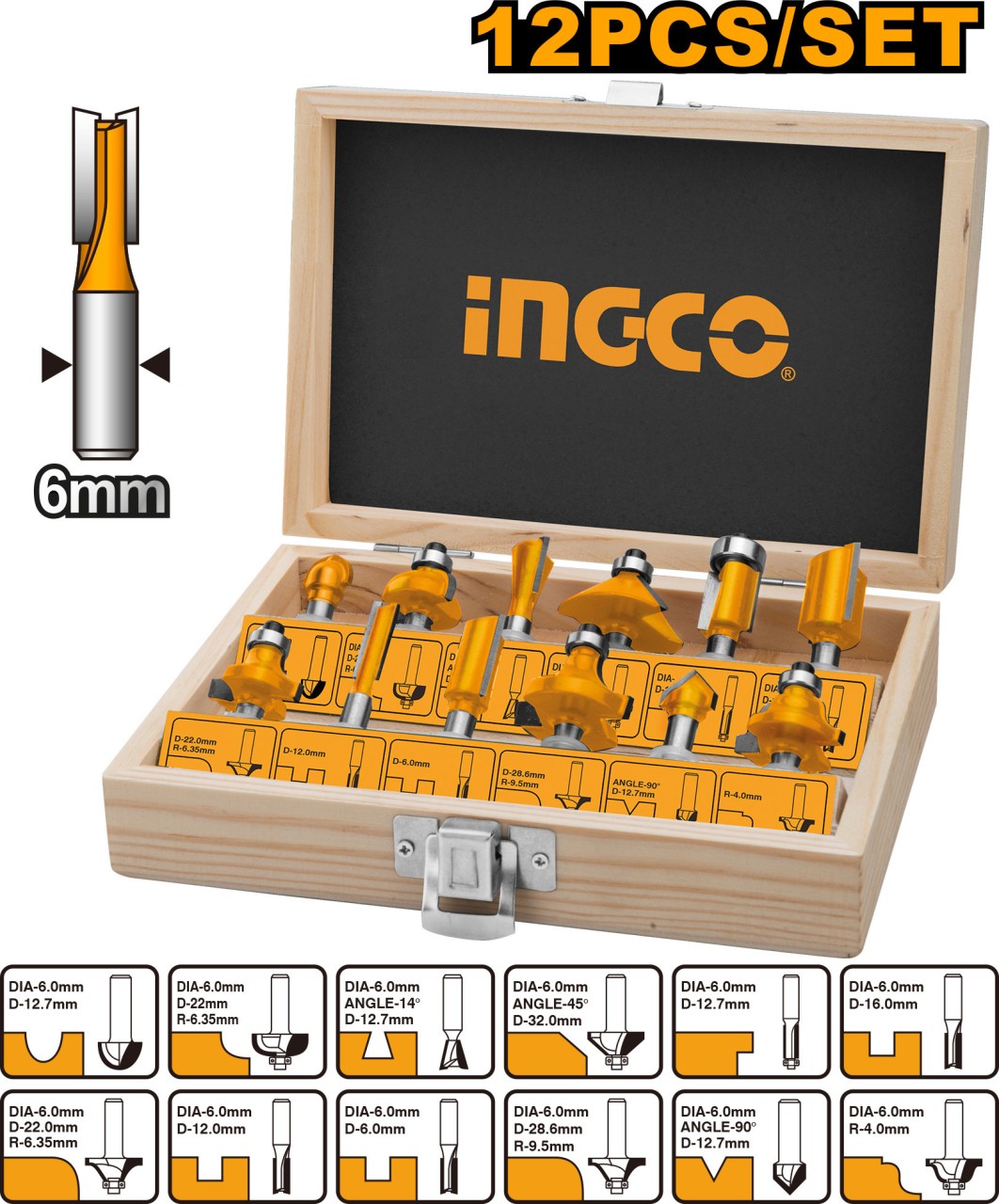 INGCO 12 Pcs Router Bits Set AKRT1201 (6mm)