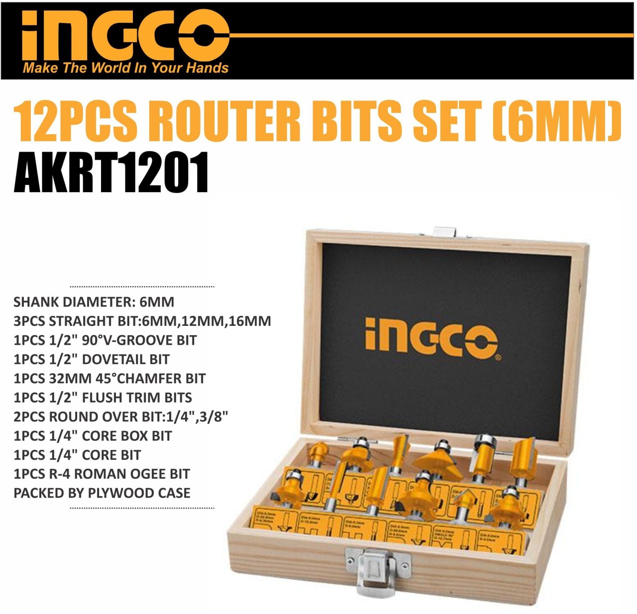 INGCO 12 Pcs Router Bits Set AKRT1201 (6mm)