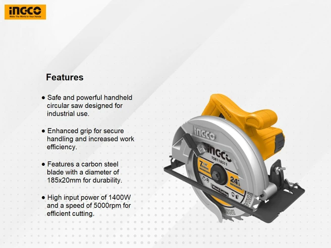 INGCO Circular Saw CS18538 (1400W, Blade Diameter:185x20mm)